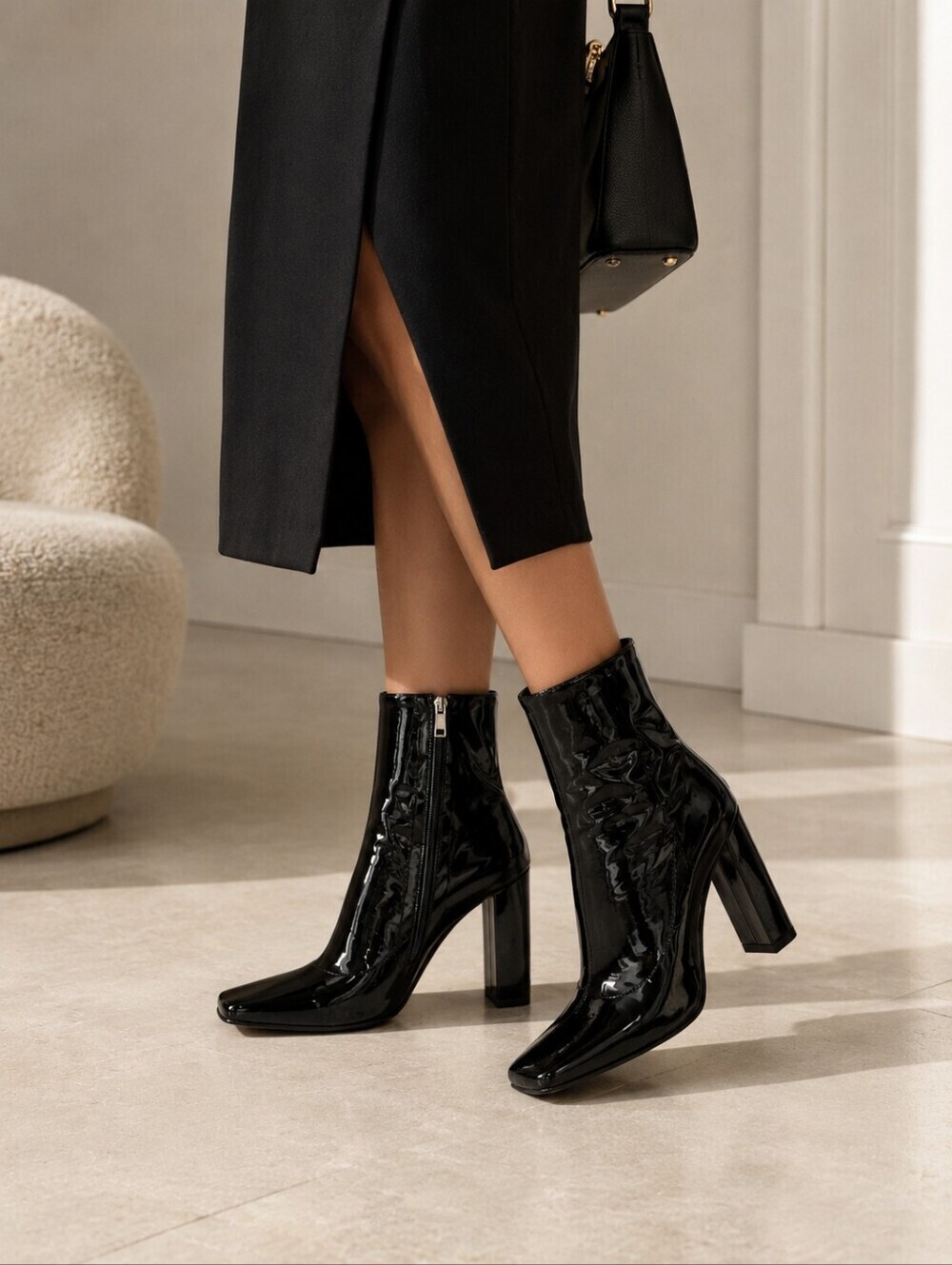 **MARC CAIN Black Patent Ankle Boots Block Heel Zip Up Square Toe Glossy Stateme